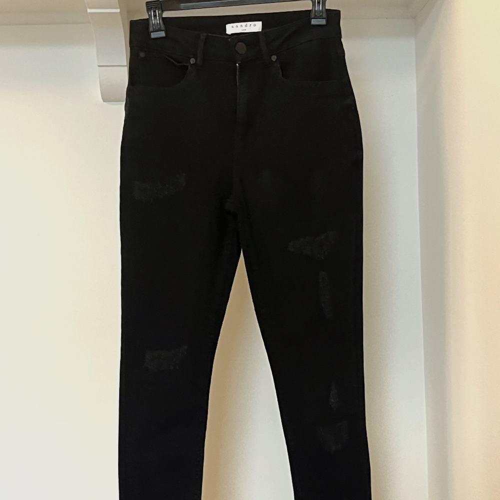 NWOT Sandro Black Denim Distressed Jeans Size 38